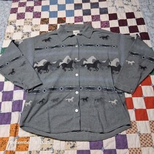 Vintage Artisans Waffle Knit Horse Print Button Up Shirt Size Medium